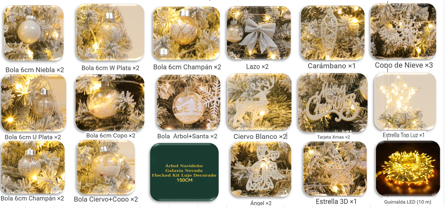 Árbol de Navidad Galaxia Nevada Flocked | Kit Decorado con Detalles Exclusivos · Edición de Lujo Top Configuración