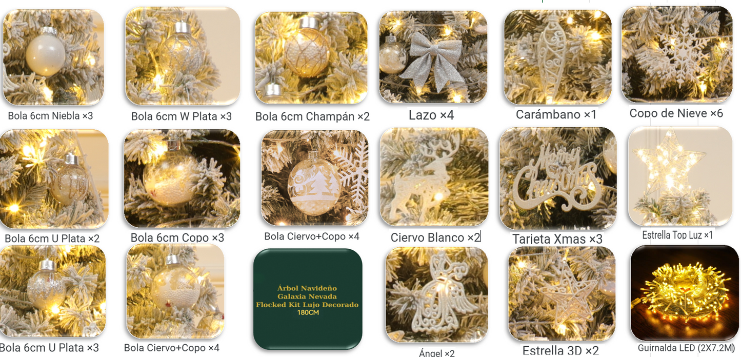 Árbol de Navidad Galaxia Nevada Flocked | Kit Decorado con Detalles Exclusivos · Edición de Lujo Top Configuración