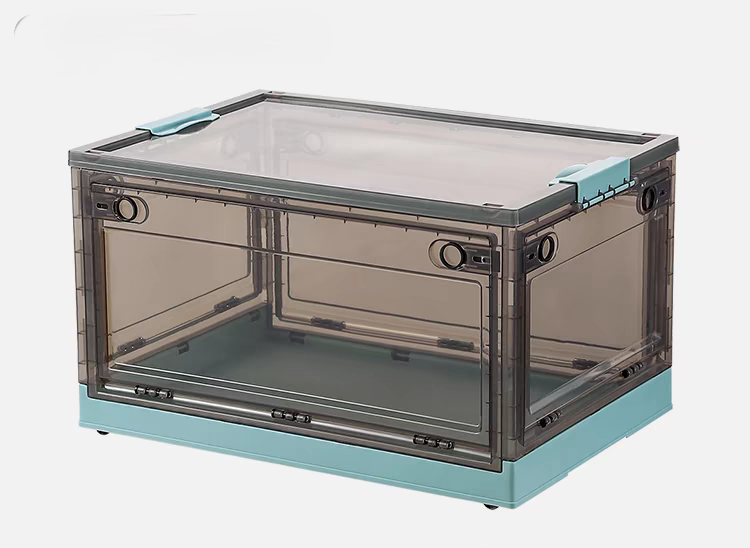Caja de almacenamiento plegable multifuncional de cinco puertas en colores contrastantes.