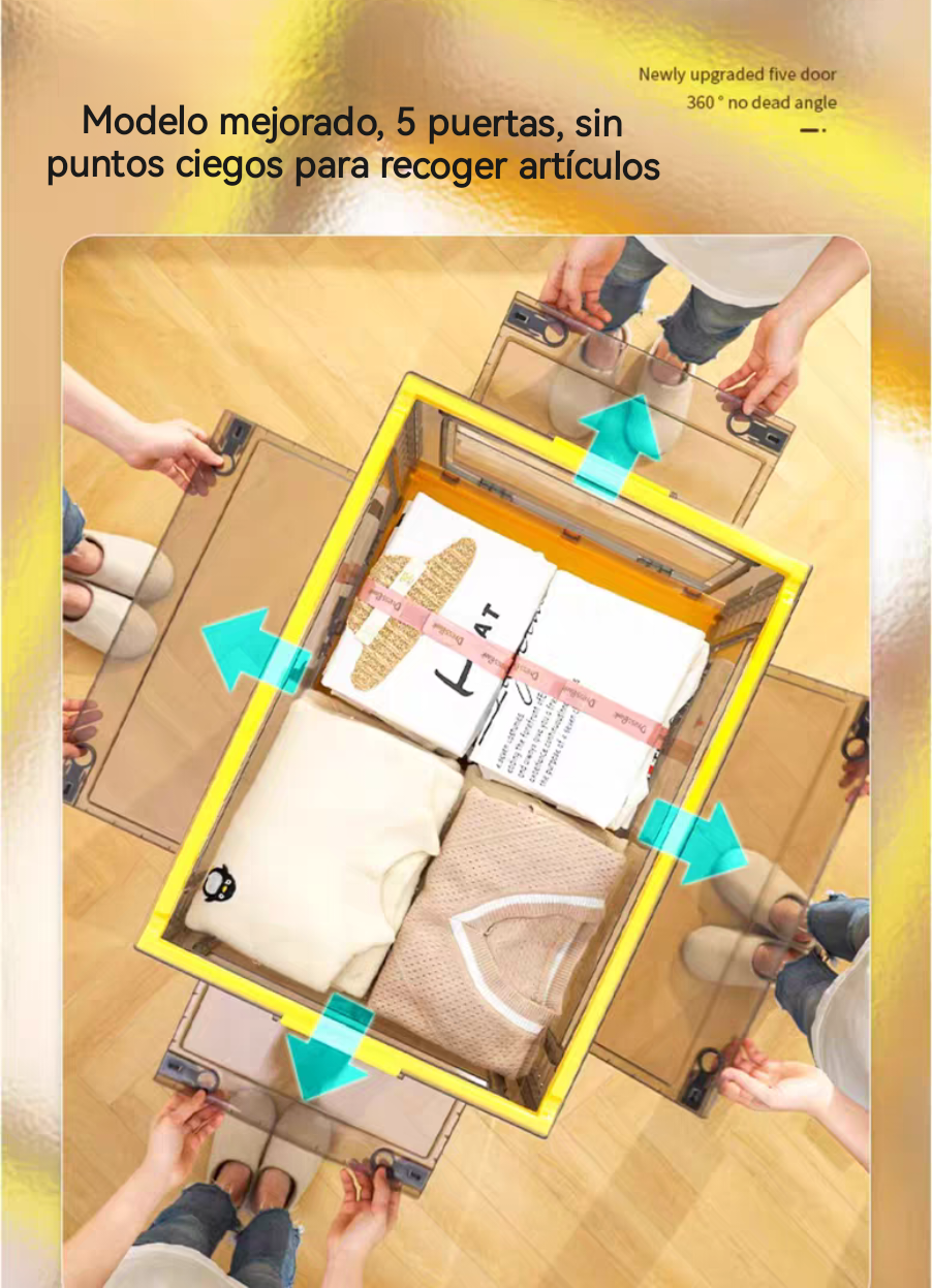 Caja de almacenamiento plegable multifuncional de cinco puertas en colores contrastantes.