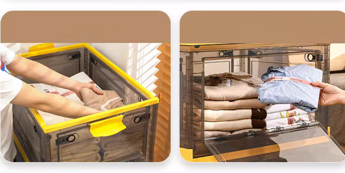 Caja de almacenamiento plegable multifuncional de cinco puertas en colores contrastantes.