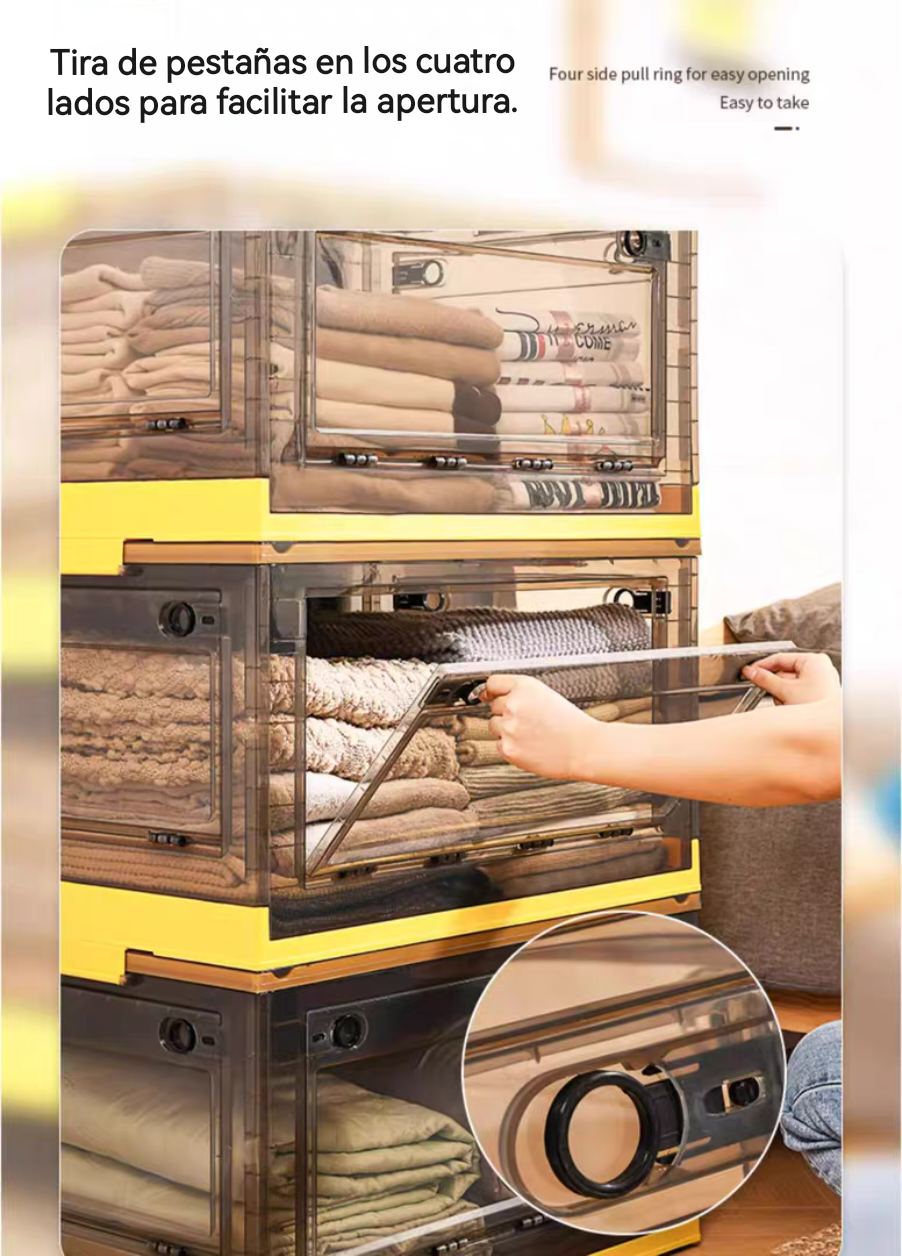 Caja de almacenamiento plegable multifuncional de cinco puertas en colores contrastantes.