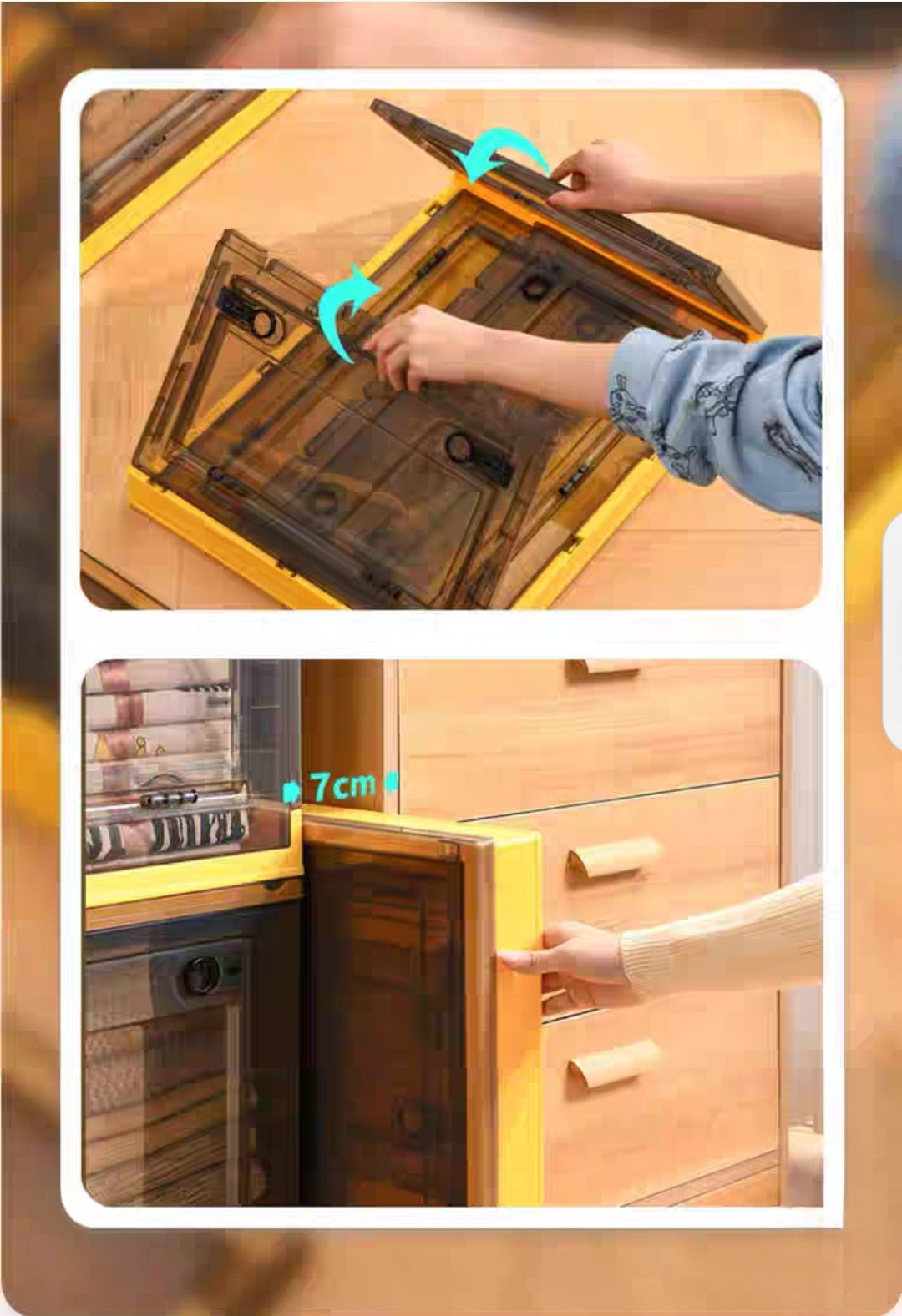 Caja de almacenamiento plegable multifuncional de cinco puertas en colores contrastantes.