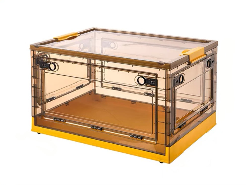 Caja de almacenamiento plegable multifuncional de cinco puertas en colores contrastantes.
