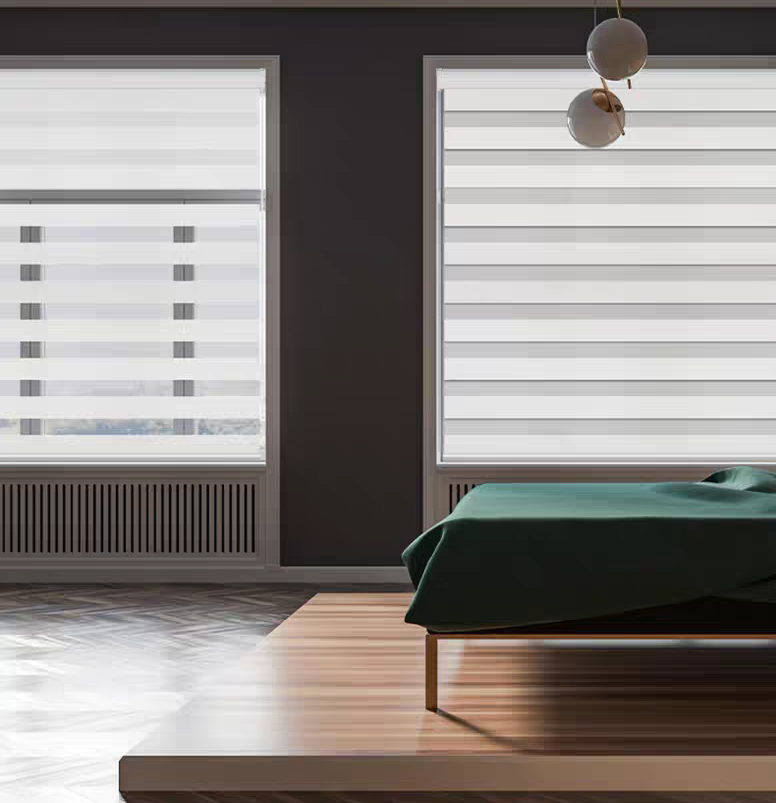 Cortina Roller Duo 100%Blackout Chenilla Con Cenefa Curva Aluminio Versión mejorada Cenefa Geométrica