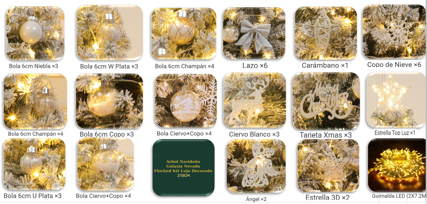 Árbol de Navidad Galaxia Nevada Flocked | Kit Decorado con Detalles Exclusivos · Edición de Lujo Top Configuración