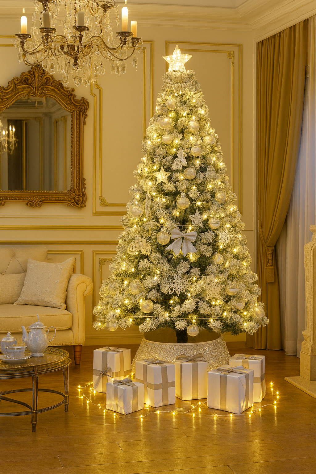 Árbol de Navidad Galaxia Nevada Flocked | Kit Decorado con Detalles Exclusivos · Edición de Lujo Top Configuración