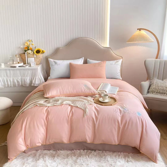 Juego de 4 funda nórdicas 100% algodón peinado con bordado de plumas 2PLAZA