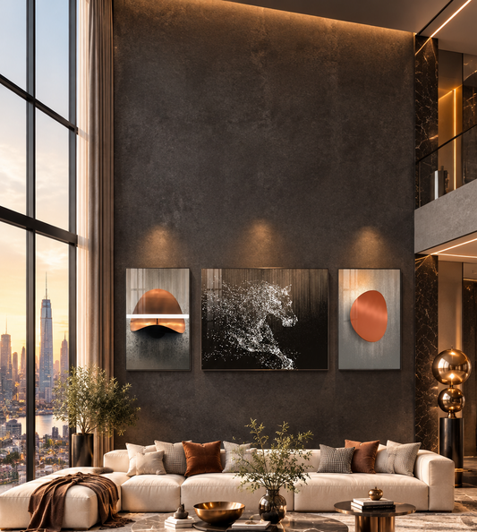 Cuadro Pintura Artística en Cristal Cerámico de Alta Resistencia Porcelana Cristal Moderno Lujo Ligero Set de 3 Cuadros Decorativos Premium en Cristal Cerámico de Alta Transparencia | 2 de 50 × 70 cm + 1 de 50 × 90 cm